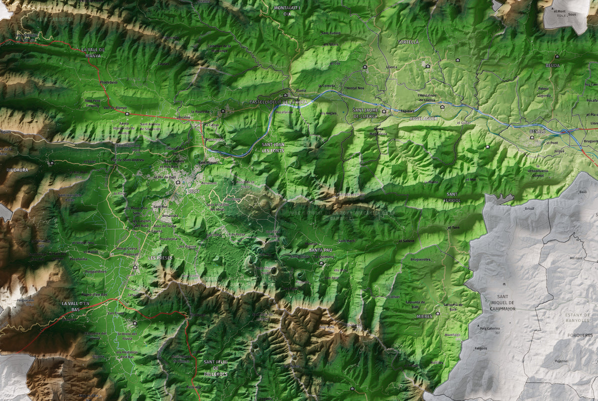 Mapa de relleu de la Garrotxa, amb el territori en color i l’entorn en blanc. Detall de la part central. 61 × 91 cm. Estil Clàssic.