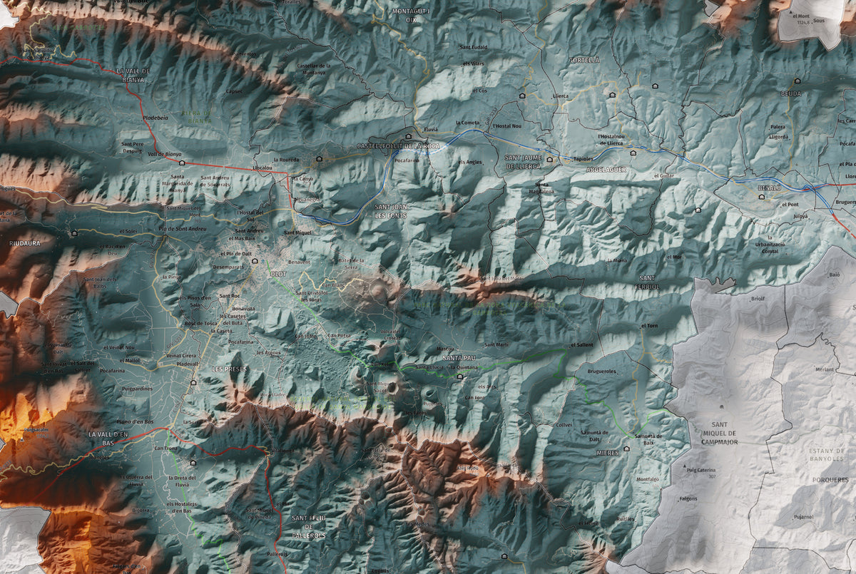 Mapa de relleu de la Garrotxa, amb el territori en color i l’entorn en blanc. Detall de la part central. 61 × 91 cm. Estil Blau i taronja.