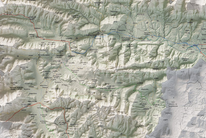 Mapa de relleu de la Garrotxa, amb el territori en color i l’entorn en blanc. Detall de la part central. 61 × 91 cm. Estil Cartogràfic.
