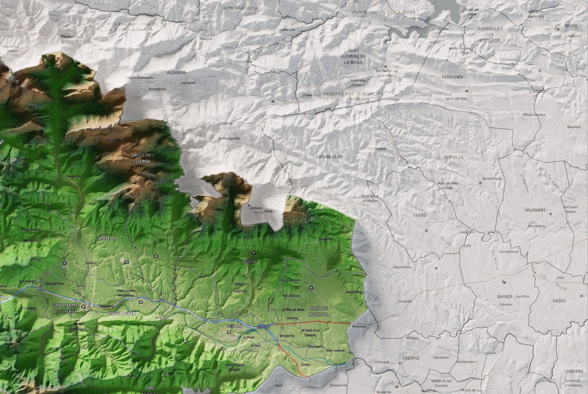 Mapa de relleu de la Garrotxa, amb el territori en color i l’entorn en blanc. Detall de la part superior dreta. 61 × 91 cm. Estil Clàssic.