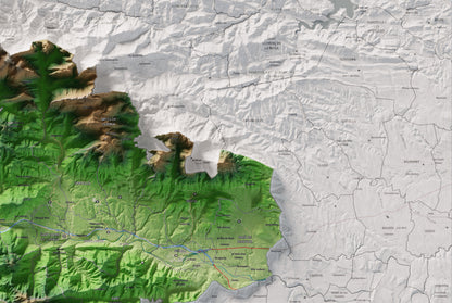 Mapa de relleu de la Garrotxa, amb el territori en color i l’entorn en blanc. Detall de la part superior dreta. 61 × 91 cm. Estil Clàssic.
