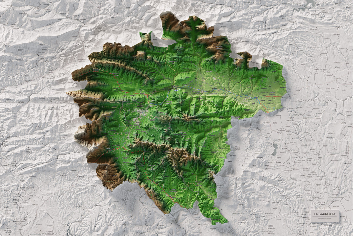 Mapa de relleu de la Garrotxa, amb el territori en color i l’entorn en blanc. Vista completa de la làmina. 61 × 91 cm. Estil Clàssic.