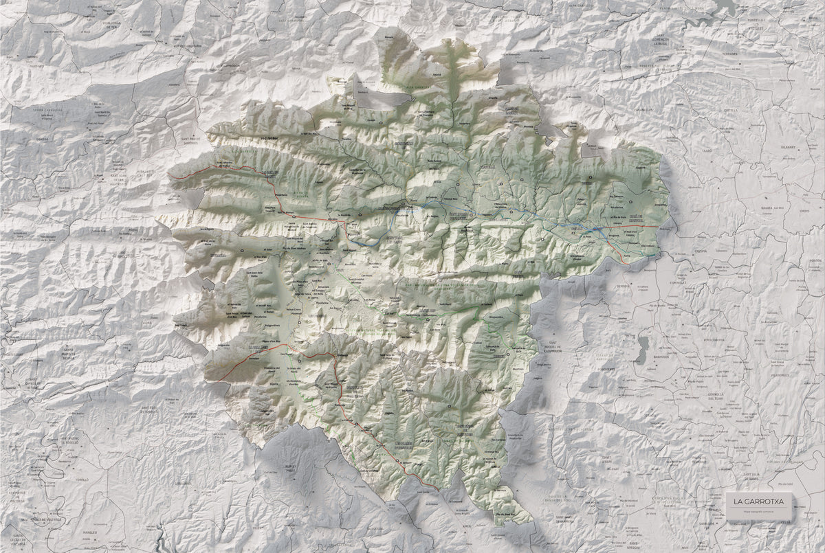 Mapa de relleu de la Garrotxa, amb el territori en color i l’entorn en blanc. Vista completa de la làmina. 61 × 91 cm. Estil Cartogràfic.