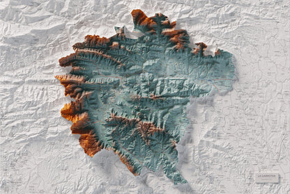 Mapa de relleu de la Garrotxa, amb el territori en color i l’entorn en blanc. Vista completa de la làmina. 61 × 91 cm. Estil Blau i taronja.