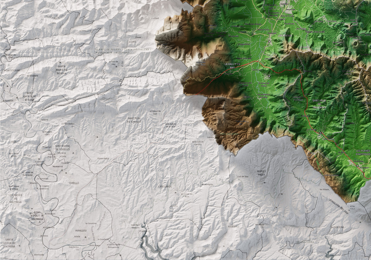 Mapa de relleu de la Garrotxa, amb el territori en color i l’entorn en blanc. Detall de la part inferior esquerra. 70 × 100 cm. Estil Clàssic.