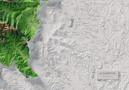 Mapa de relleu de la Garrotxa, amb el territori en color i l’entorn en blanc. Detall de la part inferior dreta. 70 × 100 cm. Estil Clàssic.