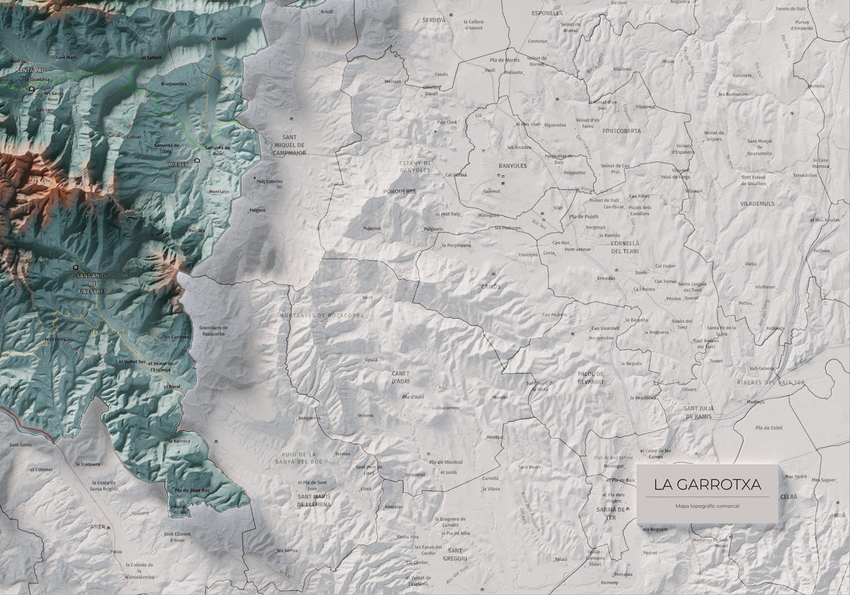 Mapa de relleu de la Garrotxa, amb el territori en color i l’entorn en blanc. Detall de la part inferior dreta. 70 × 100 cm. Estil Blau i taronja.