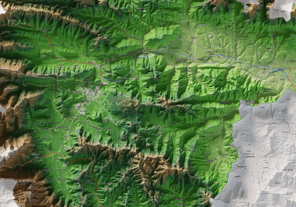 Mapa de relleu de la Garrotxa, amb el territori en color i l’entorn en blanc. Detall de la part central. 70 × 100 cm. Estil Clàssic.