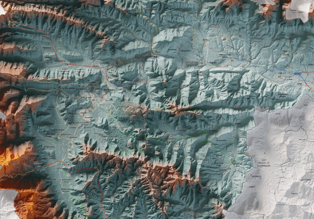 Mapa de relleu de la Garrotxa, amb el territori en color i l’entorn en blanc. Detall de la part central. 70 × 100 cm. Estil Blau i taronja.