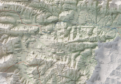 Mapa de relleu de la Garrotxa, amb el territori en color i l’entorn en blanc. Detall de la part central. 70 × 100 cm. Estil Cartogràfic.