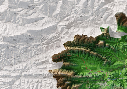 Mapa de relleu de la Garrotxa, amb el territori en color i l’entorn en blanc. Detall de la part superior esquerra. 70 × 100 cm. Estil Clàssic.