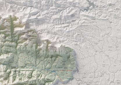 Mapa de relleu de la Garrotxa, amb el territori en color i l’entorn en blanc. Detall de la part superior dreta. 70 × 100 cm. Estil Cartogràfic.