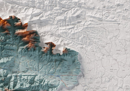 Mapa de relleu de la Garrotxa, amb el territori en color i l’entorn en blanc. Detall de la part superior dreta. 70 × 100 cm. Estil Blau i taronja.