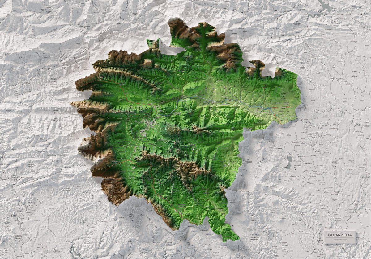 Mapa de relleu de la Garrotxa, amb el territori en color i l’entorn en blanc. Vista completa de la làmina. 70 × 100 cm. Estil Clàssic.