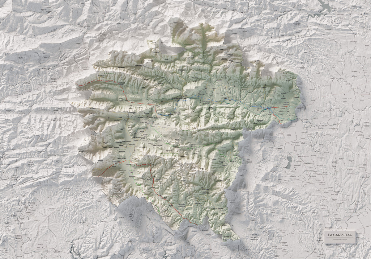Mapa de relleu de la Garrotxa, amb el territori en color i l’entorn en blanc. Vista completa de la làmina. 70 × 100 cm. Estil Cartogràfic.