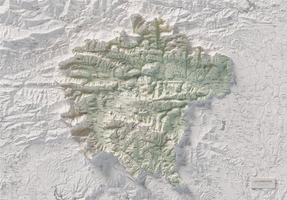 Mapa de relleu de la Garrotxa, amb el territori en color i l’entorn en blanc. Vista completa de la làmina. 70 × 100 cm. Estil Cartogràfic.