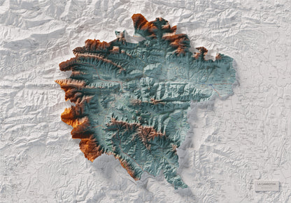 Mapa de relleu de la Garrotxa, amb el territori en color i l’entorn en blanc. Vista completa de la làmina. 70 × 100 cm. Estil Blau i taronja.