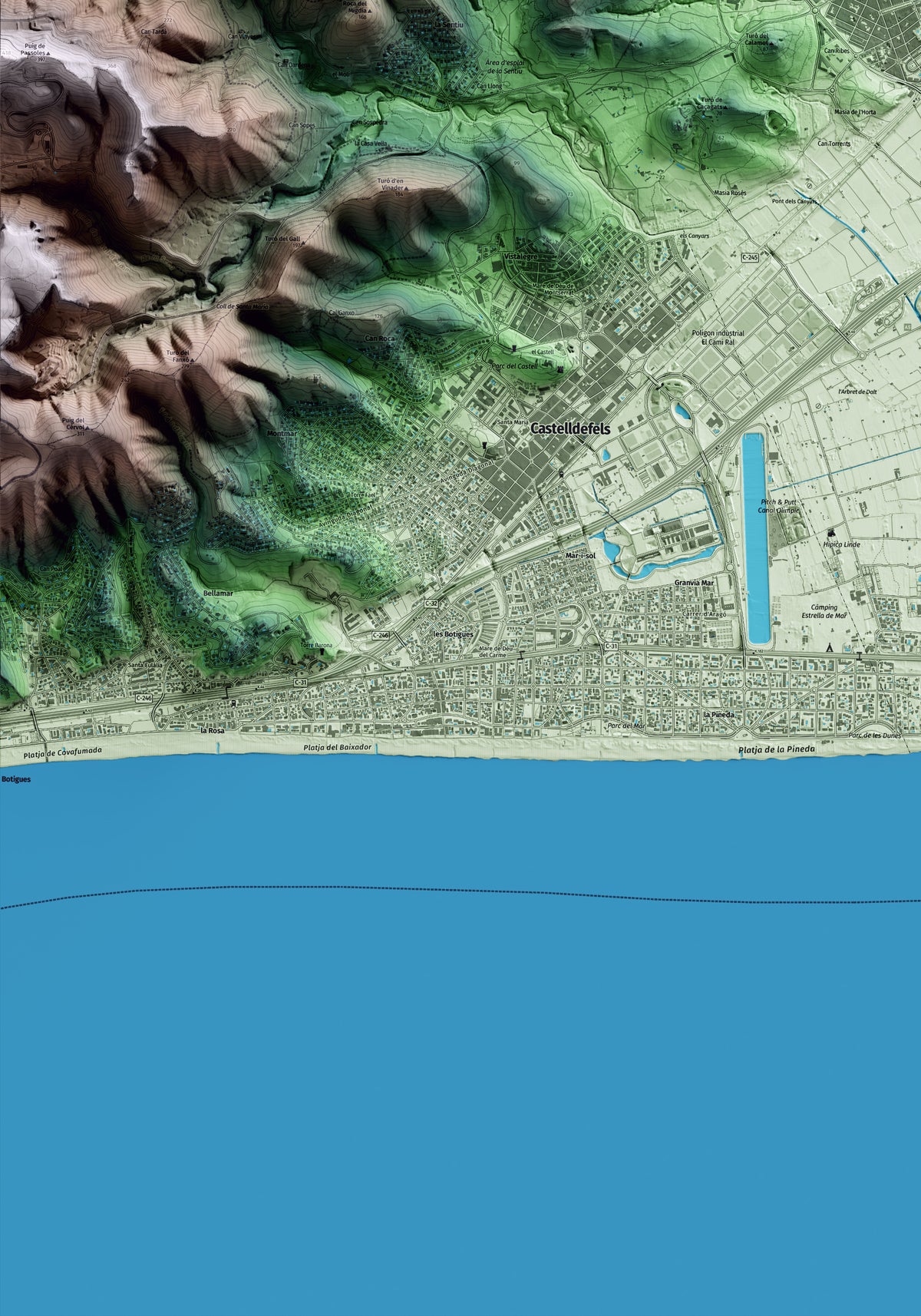 Mapa artístico del relieve de Gavà, al Baix Llobregat, con 15 km de entorno y base topográfica ICGC. Detalle de la zona inferior izquierda.
