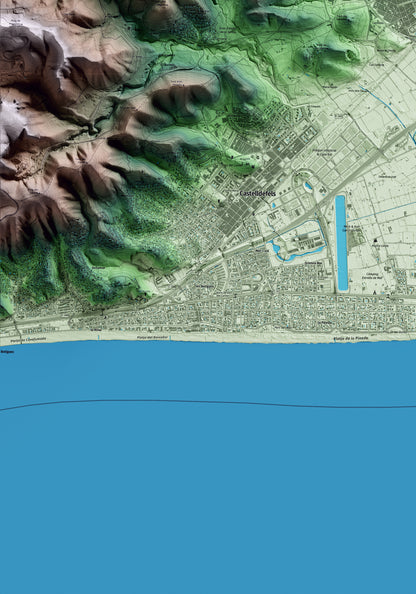 Mapa artístico del relieve de Gavà, al Baix Llobregat, con 15 km de entorno y base topográfica ICGC. Detalle de la zona inferior izquierda.