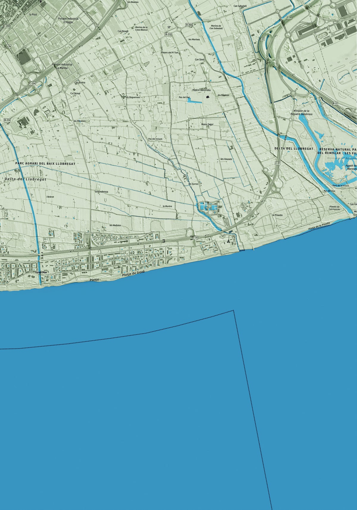 Mapa artístico del relieve de Gavà, al Baix Llobregat, con 15 km de entorno y base topográfica ICGC. Detalle de la zona inferior derecha.