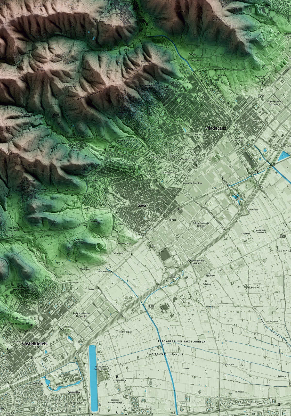 Mapa artístico del relieve de Gavà, al Baix Llobregat, con 15 km de entorno y base topográfica ICGC. Detalle de la zona central.