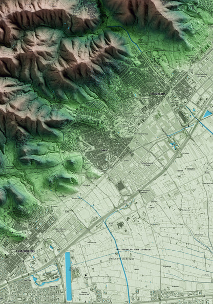 Mapa artístico del relieve de Gavà, al Baix Llobregat, con 15 km de entorno y base topográfica ICGC. Detalle de la zona central.