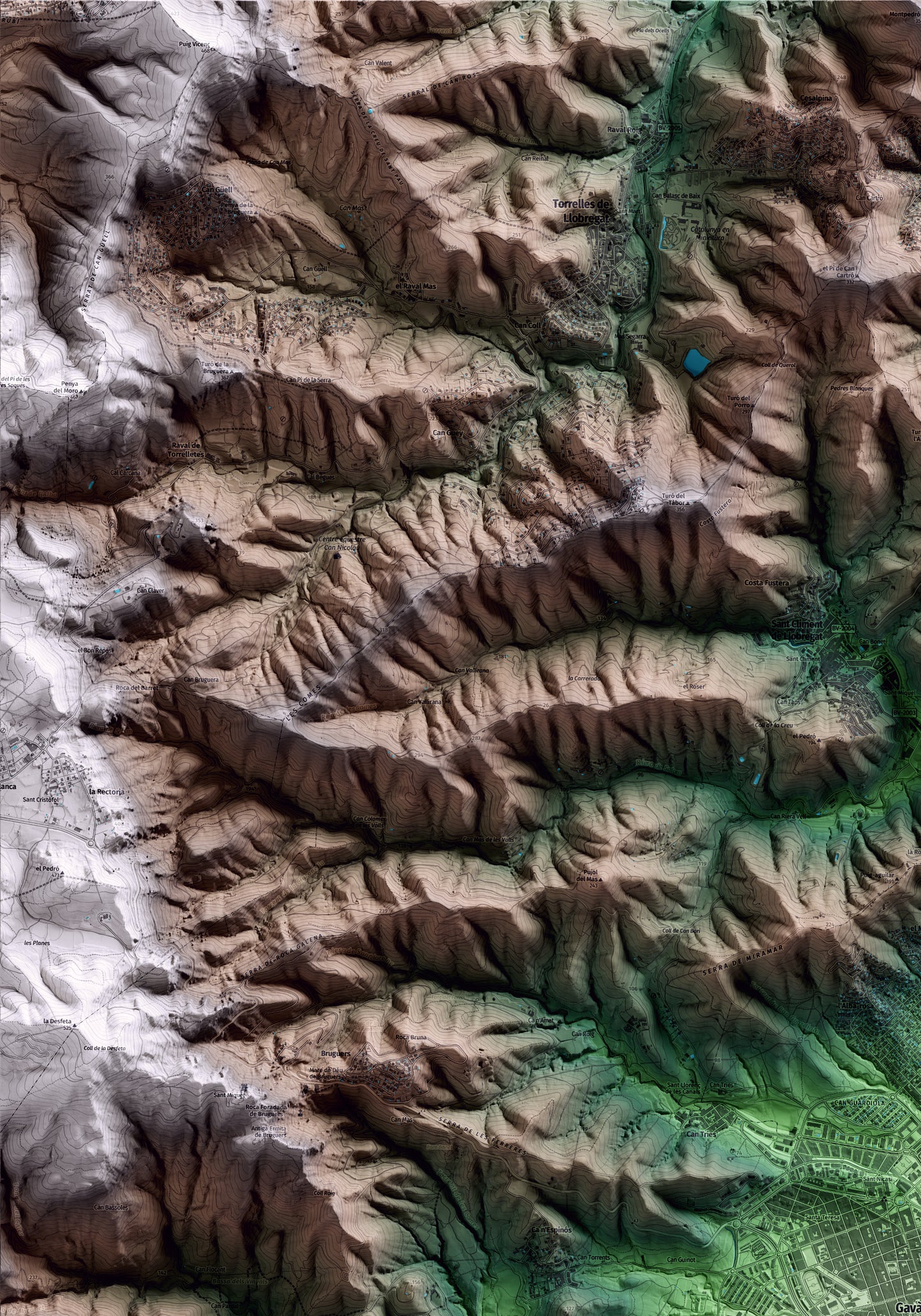 Mapa artístico del relieve de Gavà, al Baix Llobregat, con 15 km de entorno y base topográfica ICGC. Detalle de la zona superior izquierda.