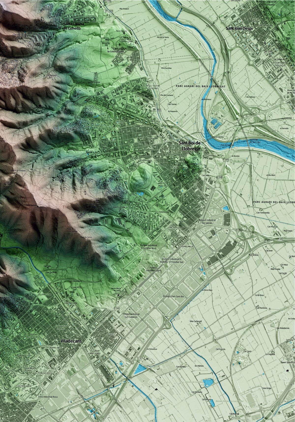 Mapa artístico del relieve de Gavà, al Baix Llobregat, con 15 km de entorno y base topográfica ICGC. Detalle de la zona superior derecha.