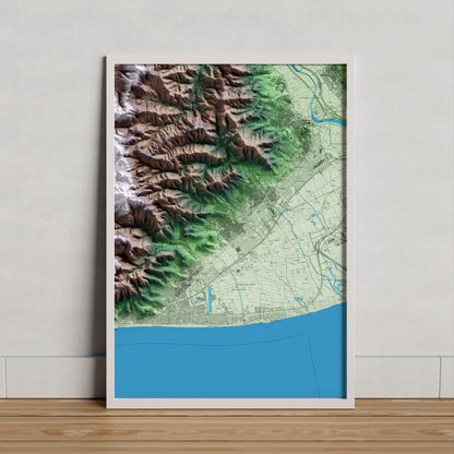 Mapa artístico del relieve de Gavà, al Baix Llobregat, con 15 km de entorno y base topográfica ICGC. Presentación enmarcada.