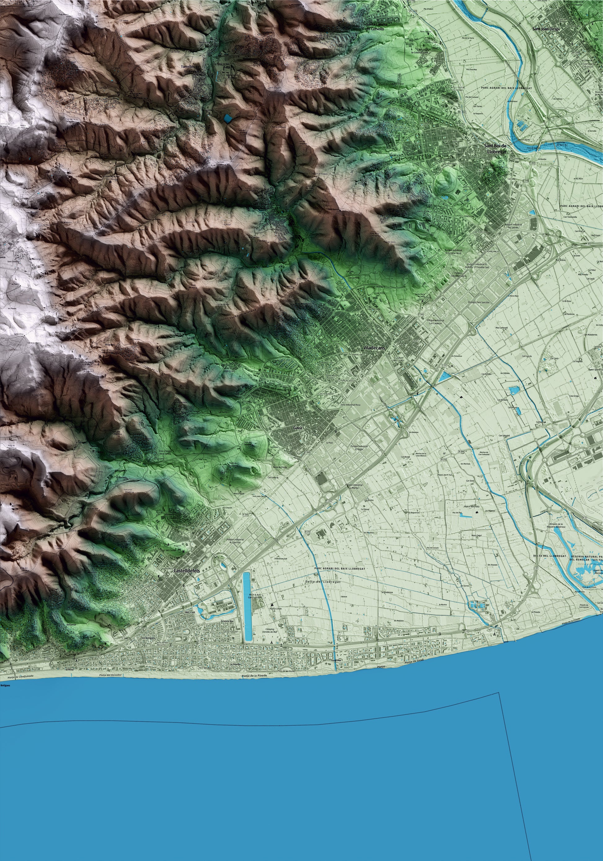 Mapa artístico del relieve de Gavà, al Baix Llobregat, con 15 km de entorno y base topográfica ICGC