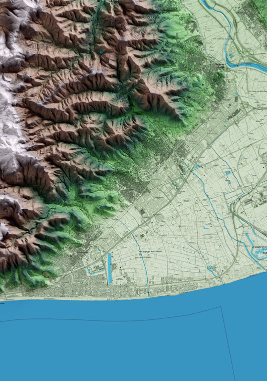 Mapa artístico del relieve de Gavà, al Baix Llobregat, con 15 km de entorno y base topográfica ICGC