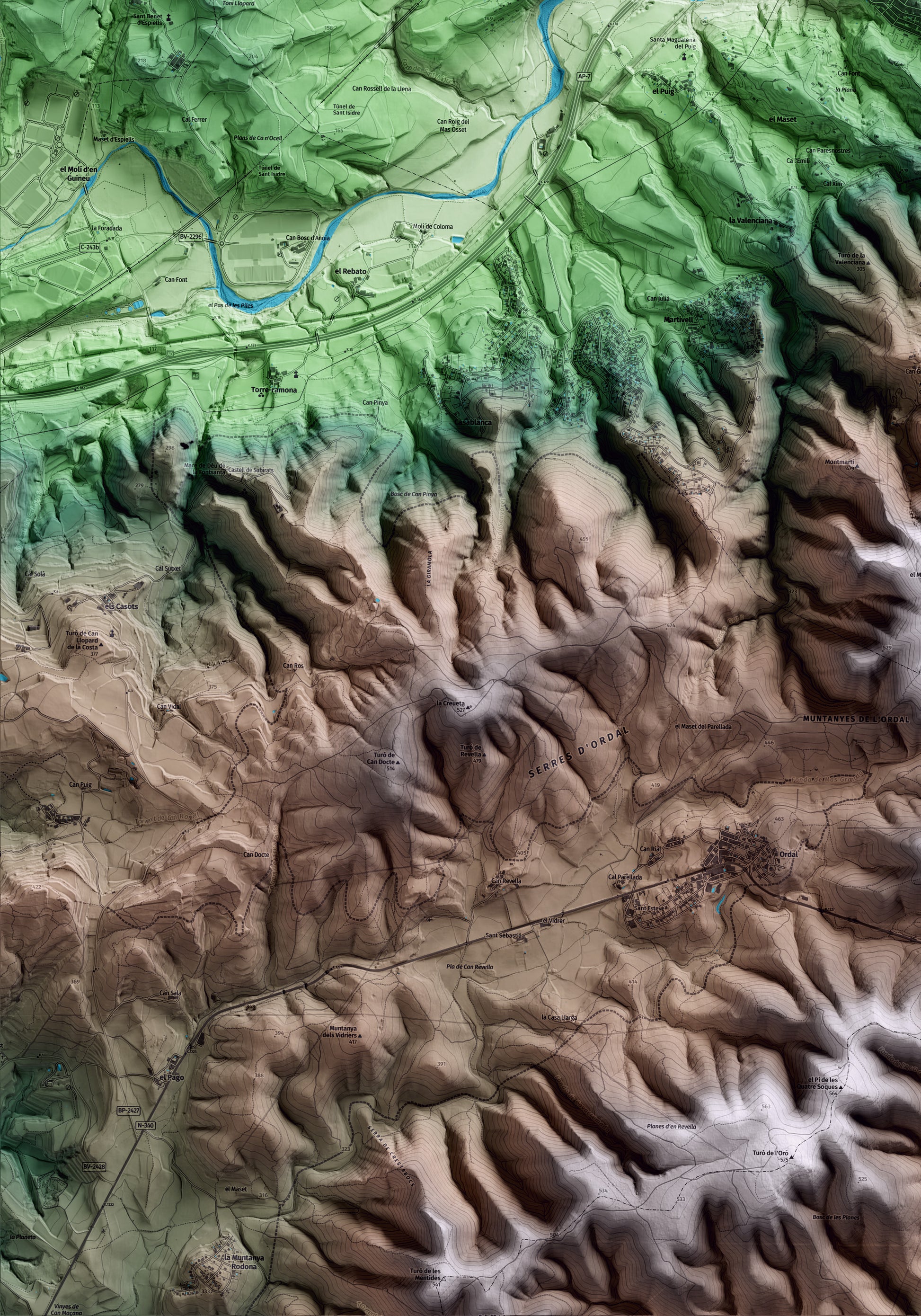 Mapa artístico del relieve de Gelida, al Alt Penedès, con 15 km de entorno y base topográfica ICGC. Detalle de la zona inferior izquierda.