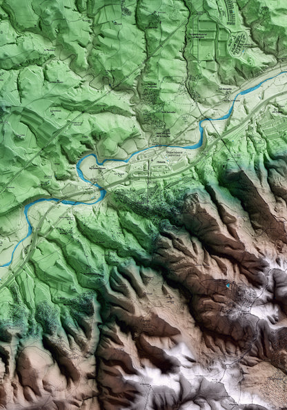 Mapa artístico del relieve de Gelida, al Alt Penedès, con 15 km de entorno y base topográfica ICGC. Detalle de la zona central.