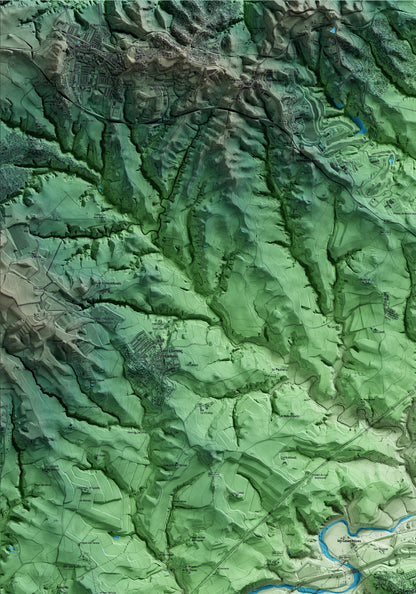 Mapa artístico del relieve de Gelida, al Alt Penedès, con 15 km de entorno y base topográfica ICGC. Detalle de la zona superior izquierda.