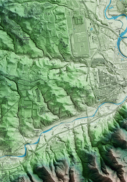 Mapa artístico del relieve de Gelida, al Alt Penedès, con 15 km de entorno y base topográfica ICGC. Detalle de la zona superior derecha.