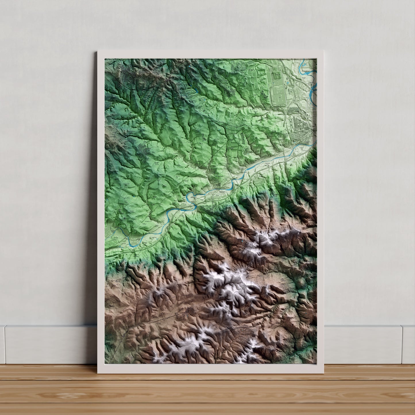 Mapa artístico del relieve de Gelida, al Alt Penedès, con 15 km de entorno y base topográfica ICGC. Presentación enmarcada.