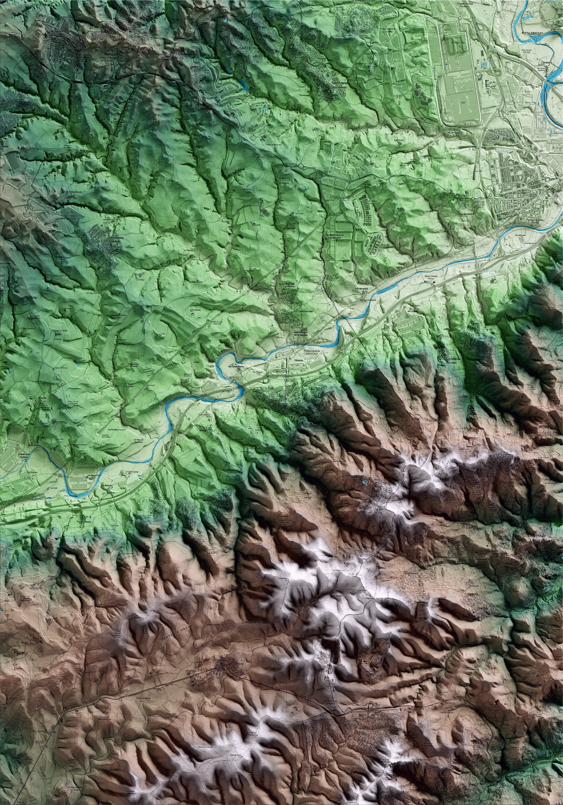 Mapa artístico del relieve de Gelida, al Alt Penedès, con 15 km de entorno y base topográfica ICGC