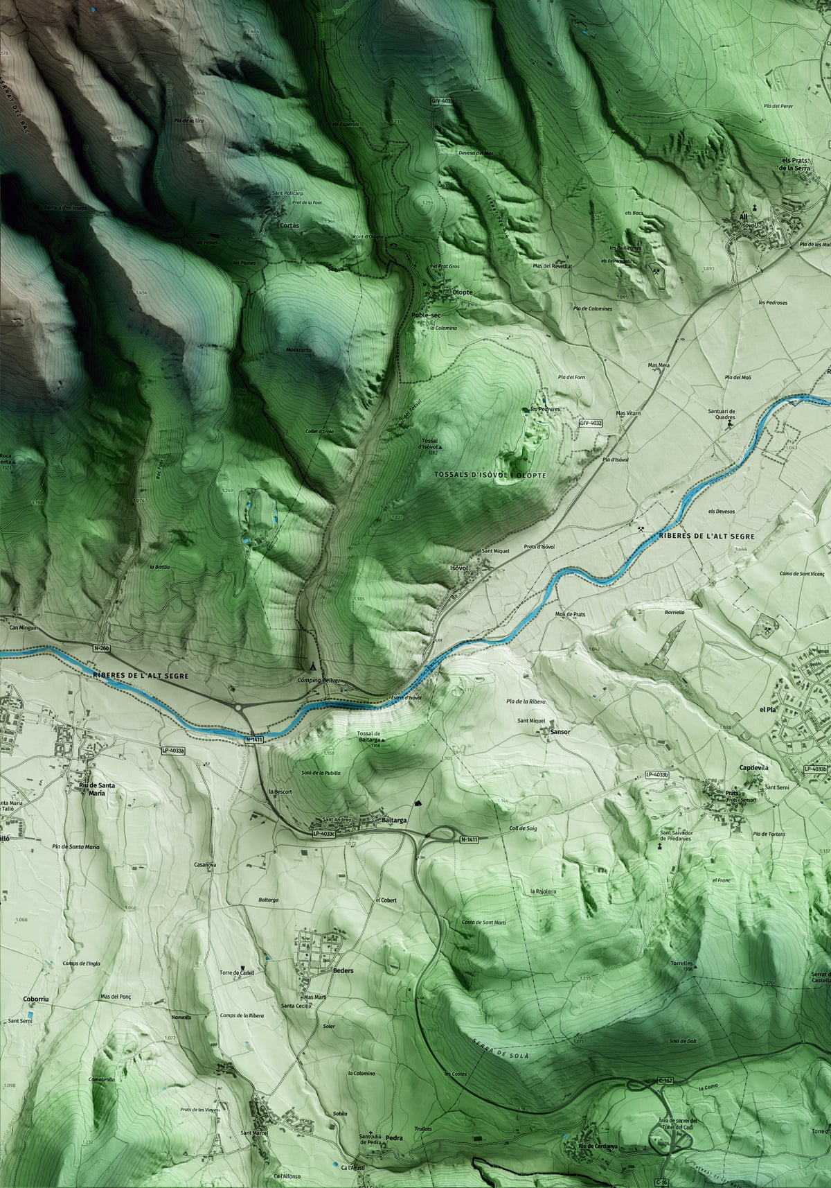 Mapa artístico del relieve de Ger, a la Cerdanya, con 15 km de entorno y base topográfica ICGC. Detalle de la zona inferior izquierda.