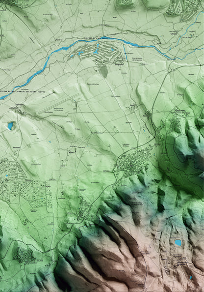 Mapa artístico del relieve de Ger, a la Cerdanya, con 15 km de entorno y base topográfica ICGC. Detalle de la zona inferior derecha.