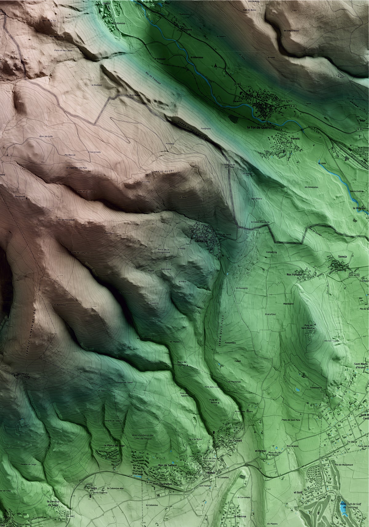 Mapa artístico del relieve de Ger, a la Cerdanya, con 15 km de entorno y base topográfica ICGC. Detalle de la zona superior derecha.