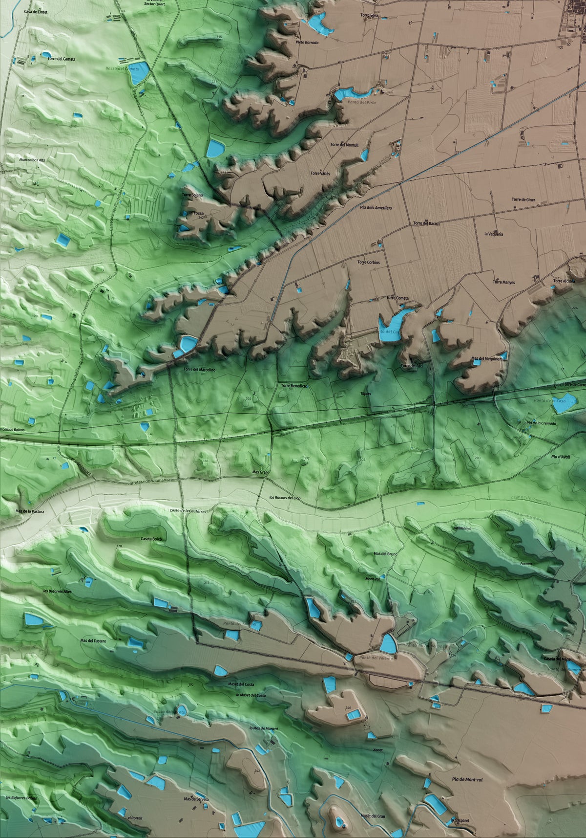 Mapa artístico del relieve de Gimenells i el Pla de la Font, al Segrià, con 15 km de entorno y base topográfica ICGC. Detalle de la zona inferior izquierda.