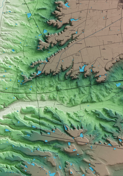 Mapa artístico del relieve de Gimenells i el Pla de la Font, al Segrià, con 15 km de entorno y base topográfica ICGC. Detalle de la zona inferior izquierda.