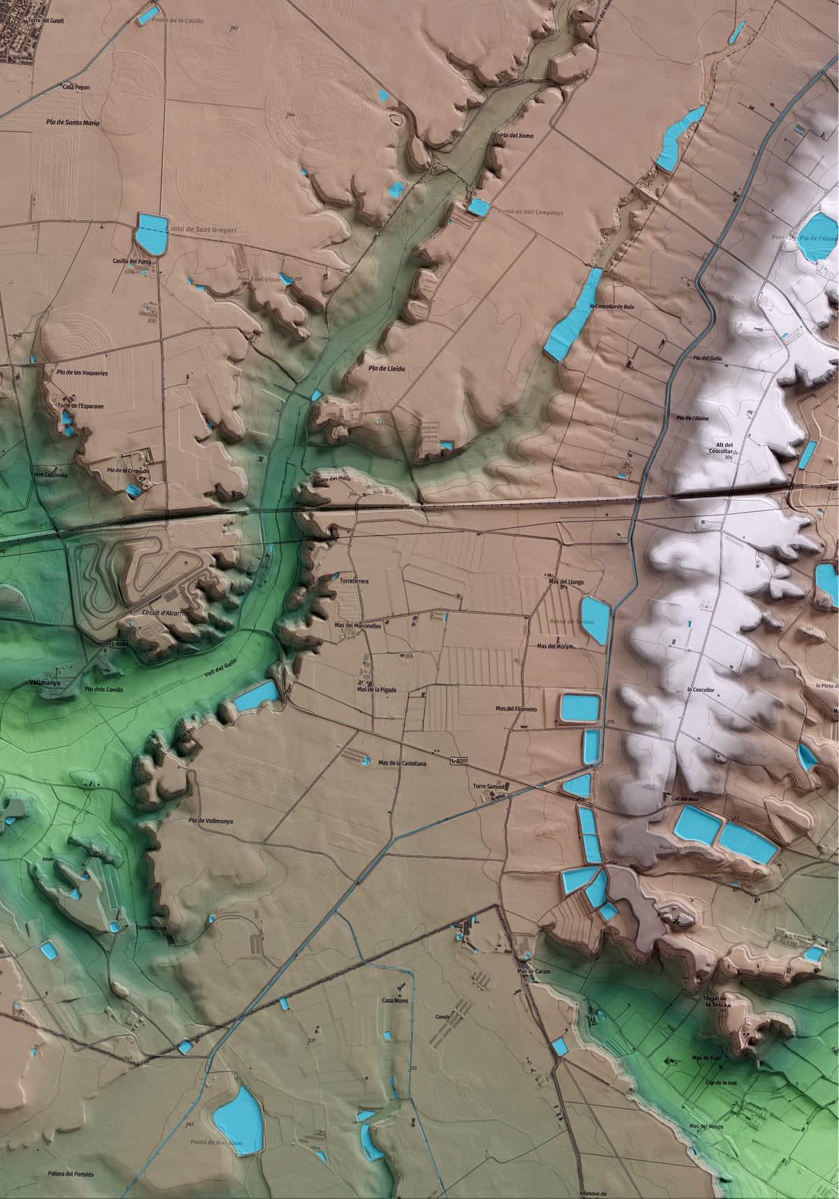 Mapa artístico del relieve de Gimenells i el Pla de la Font, al Segrià, con 15 km de entorno y base topográfica ICGC. Detalle de la zona inferior derecha.