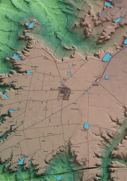 Mapa artístico del relieve de Gimenells i el Pla de la Font, al Segrià, con 15 km de entorno y base topográfica ICGC. Detalle de la zona central.