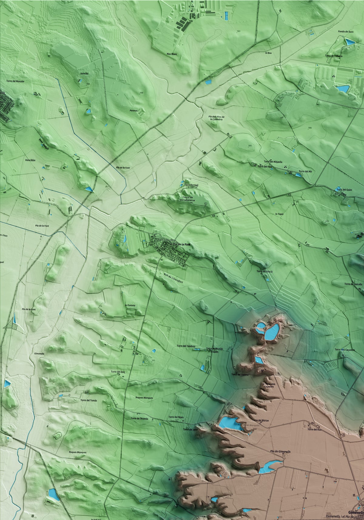Mapa artístico del relieve de Gimenells i el Pla de la Font, al Segrià, con 15 km de entorno y base topográfica ICGC. Detalle de la zona superior izquierda.