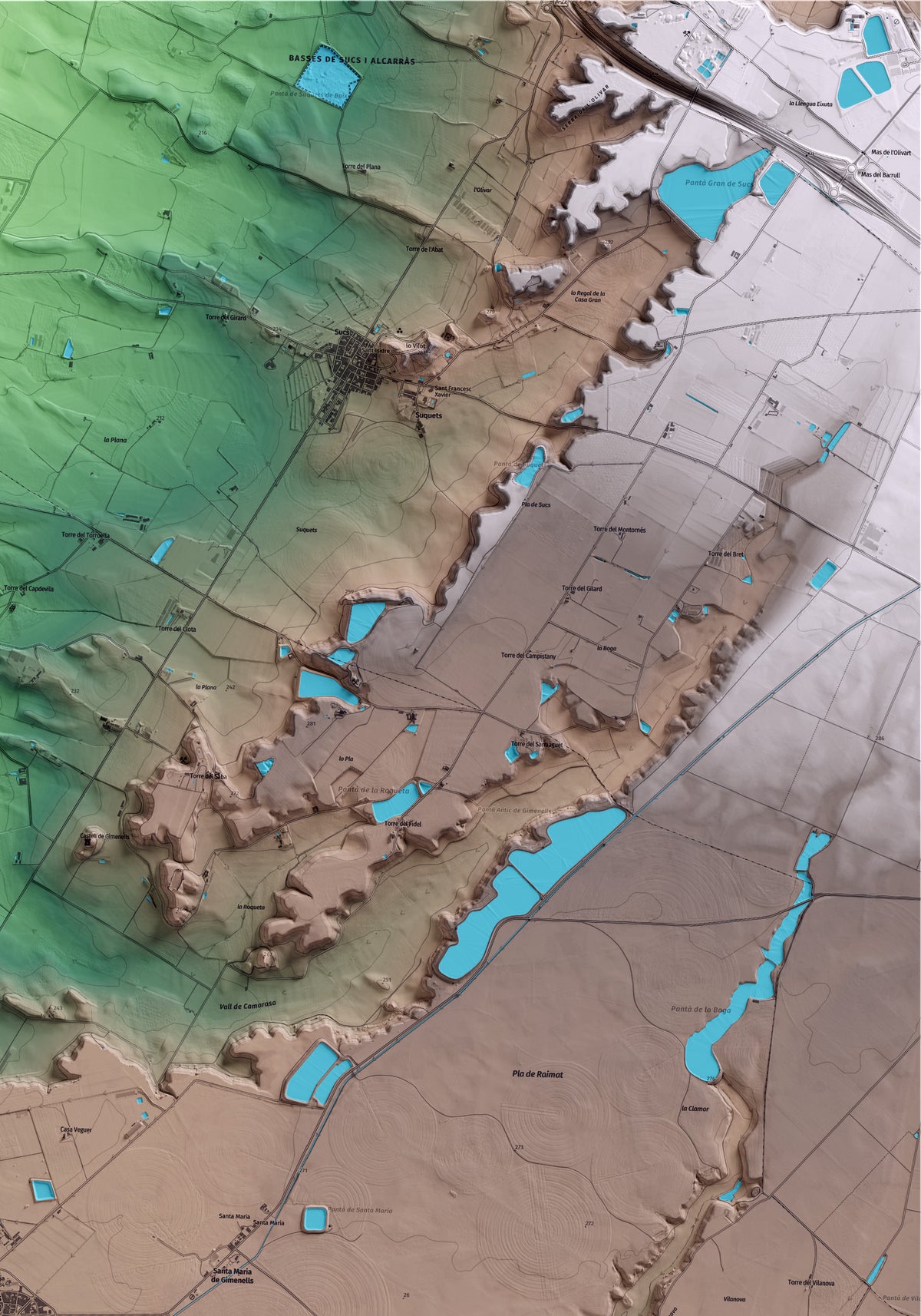 Mapa artístico del relieve de Gimenells i el Pla de la Font, al Segrià, con 15 km de entorno y base topográfica ICGC. Detalle de la zona superior derecha.