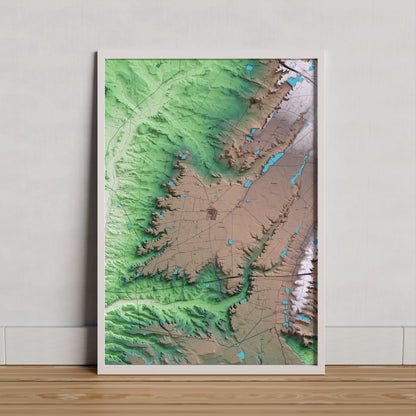 Mapa artístico del relieve de Gimenells i el Pla de la Font, al Segrià, con 15 km de entorno y base topográfica ICGC. Presentación enmarcada.