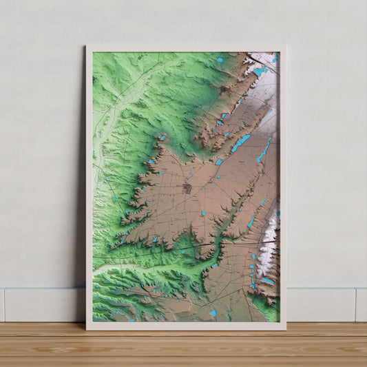Mapa artístico del relieve de Gimenells i el Pla de la Font, al Segrià, con 15 km de entorno y base topográfica ICGC. Presentación enmarcada.