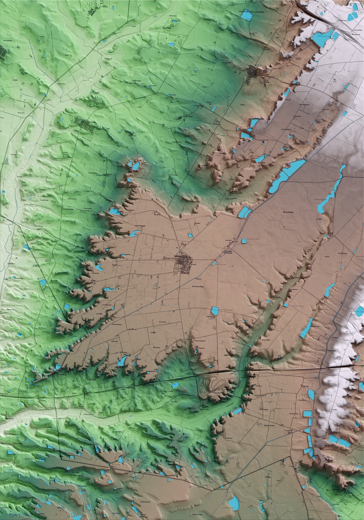Mapa artístico del relieve de Gimenells i el Pla de la Font, al Segrià, con 15 km de entorno y base topográfica ICGC