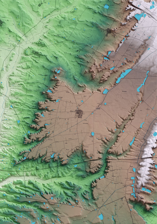 Mapa artístico del relieve de Gimenells i el Pla de la Font, al Segrià, con 15 km de entorno y base topográfica ICGC